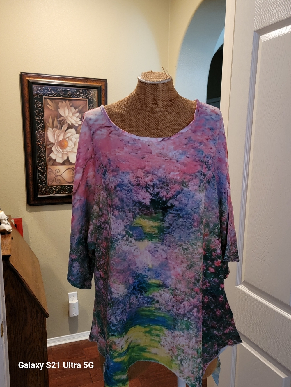 Abstract Floral Watercolor Tunic Top - Green & Pink